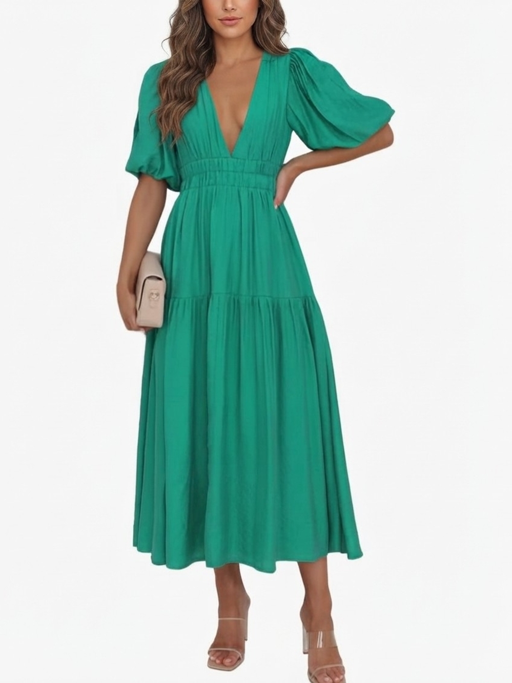 Deep V Neck Puff Short Sleeve Tiered Dress Elastic High Waist Flowy A Line Midi